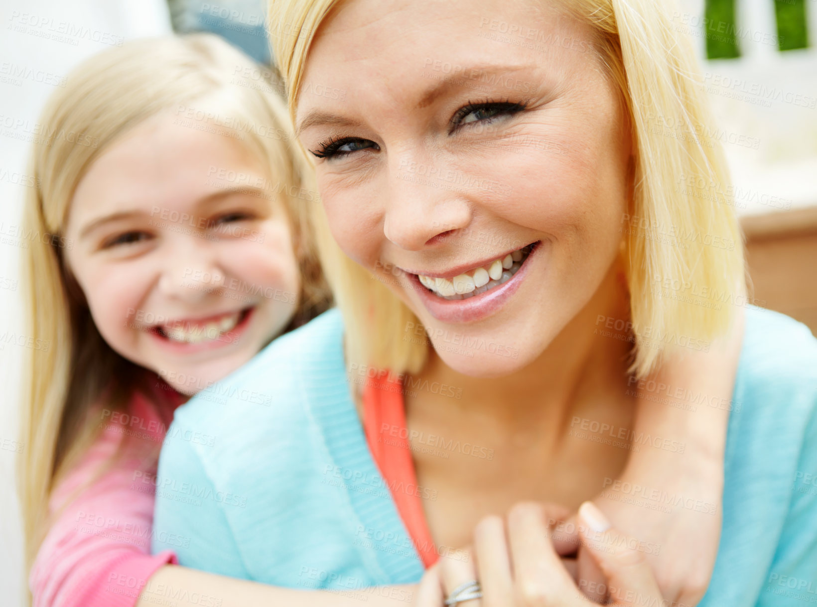 Buy stock photo Portrait, happy mother and child hug outdoor for love, care and bonding together. Face, girl and kid embrace mom for family connection, healthy relationship and parent support daughter in Sweden