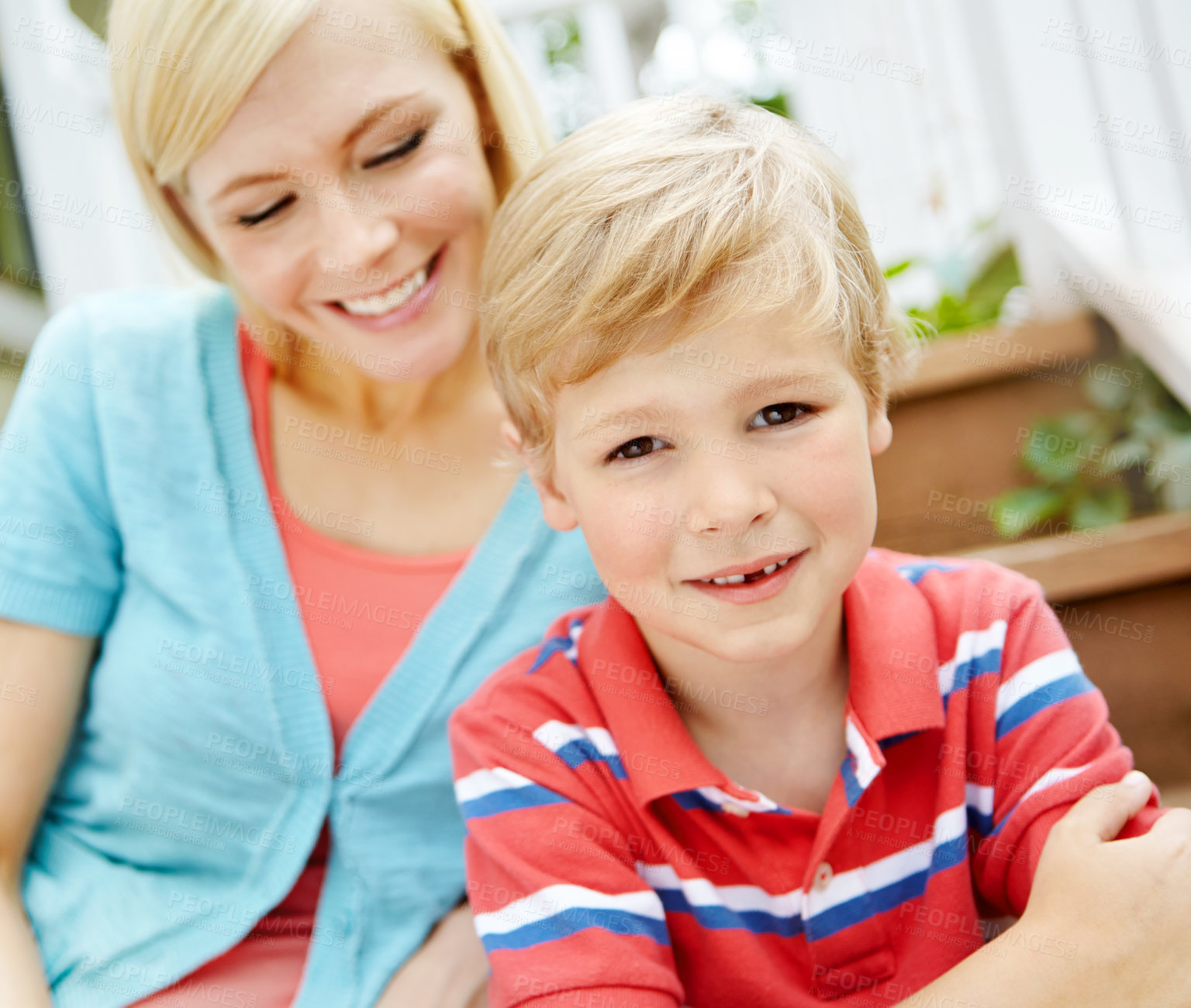 Buy stock photo Smile, mom and child relax in garden for love, care and bonding together. Face, boy and kid with happy mama outdoor for family connection, healthy relationship and parent support son on mothers day