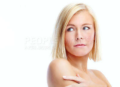 Buy stock photo Blonde, hair and woman in studio for thinking, straight and keratin treatment on white background. Female person, mockup space and contemplating haircare or hairstyle, cosmetics and luxury beauty