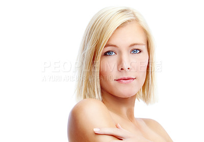 Buy stock photo Confidence, portrait or woman with space, skincare or beauty results in studio on white background. Cosmetics treatment, face or girl model with facial health for wellness, mockup or pride in Germany