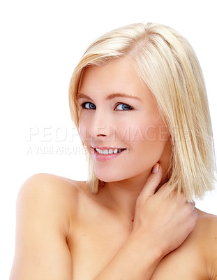 Buy stock photo Clean, hair and woman portrait in studio for shine, straight and keratin treatment on white background. Female person, gloss and proud of haircare or hairstyle, cosmetics and luxury dermatology