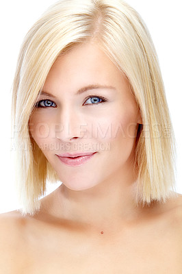 Buy stock photo Woman, portrait and beauty in studio for skincare, shine and dermatology with facial self care. Female person, aesthetic and clear face on white background for luxury spa, confidence and healthy skin