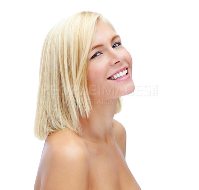 Buy stock photo Bob, hair and woman portrait in studio for shine, straight and keratin treatment on white background. Female person, confident and proud of haircare or hairstyle, cosmetics repair and luxury beauty