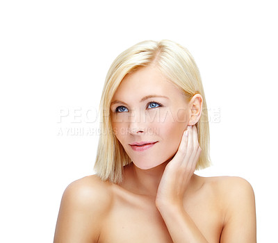 Buy stock photo Thinking, skincare and woman on a white background for beauty, wellness and facial treatment. Dermatology, spa and isolated person with cosmetics for smooth texture, healthy skin and salon in studio