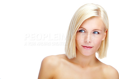 Buy stock photo Thinking, skincare and face of woman on a white background for beauty, wellness and facial treatment. Dermatology, mockup space and isolated person with cosmetics for spa, health and salon in studio