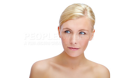 Buy stock photo Thinking, skincare and glow with face of woman in studio for natural makeup, shine and self care. Cosmetics, dermatology and spa treatment with female model on white background for salon and collagen