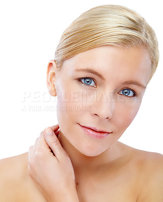 Buy stock photo Woman, portrait and happy in studio for beauty, skincare and dermatology with facial self care. Female model, smile and clear face on white background for luxury treatment, confidence or healthy skin