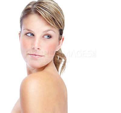 Buy stock photo Mockup, skincare and glow with face of woman in studio for natural makeup, shine and self care. Cosmetics, dermatology and spa treatment with female model on white background for salon and collagen