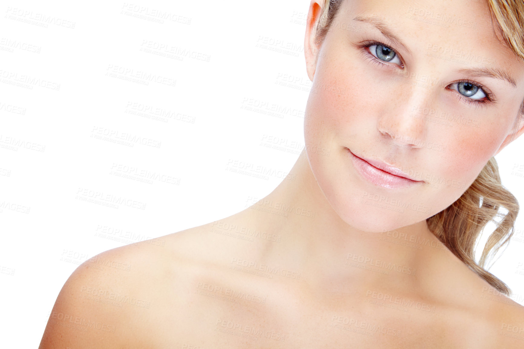 Buy stock photo Beauty, makeup and portrait with woman in studio for self care, cosmetics and dermatology. Aesthetic, skincare and spa treatment with face of female model on white background for salon and mockup