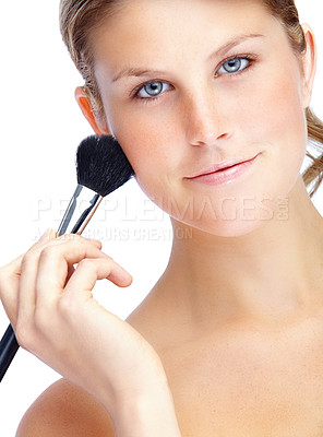 Buy stock photo Beauty, girl and portrait in studio with makeup brush, cosmetics and smile for transformation. Woman face, beautician and tool on white background for application, blush and cosmetology for aesthetic