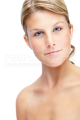 Buy stock photo Model, dermatology and skincare in studio for beauty, cosmetics and natural makeup with portrait. Female person, facial and clear face on white background for luxury spa, confidence and healthy skin