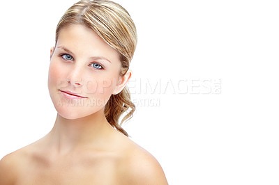 Buy stock photo Mockup, skincare and glow with portrait of woman in studio for natural makeup, shine and self care. Cosmetics, dermatology and spa treatment with model on white background for salon and collagen