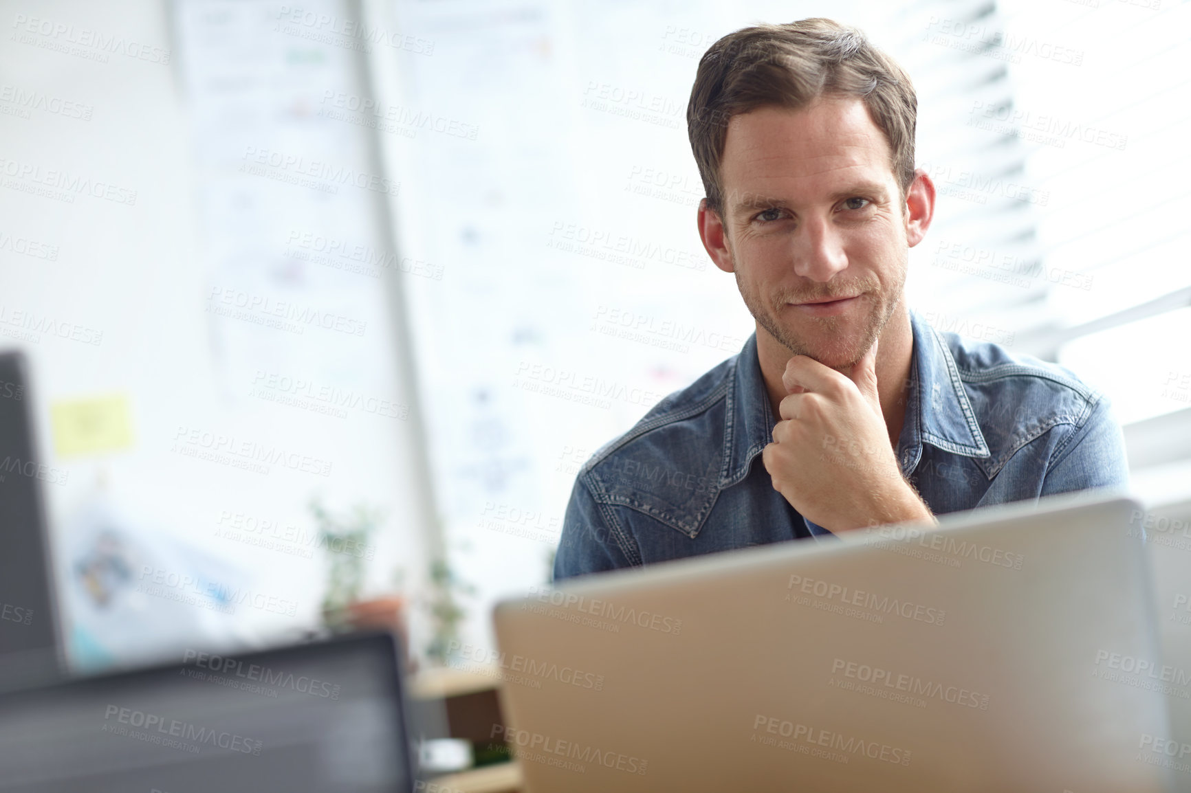 Buy stock photo Creative, laptop and portrait of man with confidence, pride and online opportunity at digital agency. Business growth, web development and graphic designer with computer at professional tech startup