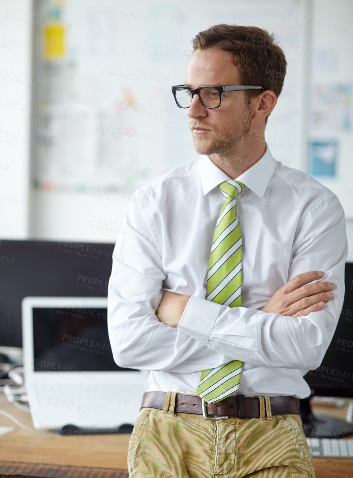 Buy stock photo Thinking, arms crossed and business man in office for reflection, memory and idea on company policy. Vision, brainstorming and mindset with male employee in agency for project and problem solving