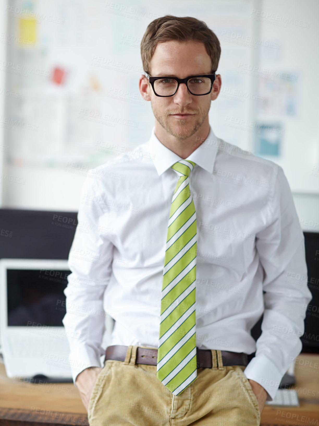 Buy stock photo Confidence, office and portrait of man with glasses, pride and online business opportunity at digital agency. Relax, developer or businessman at desk with professional project manager at tech startup