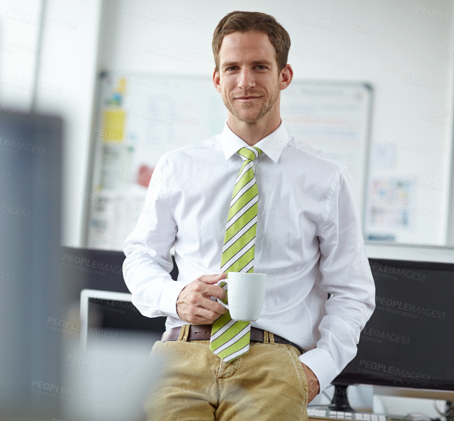 Buy stock photo Confidence, office and portrait of man with coffee, smile and web business manager at digital agency. Relax, developer or happy businessman at desk with morning drink, pride and break at tech startup