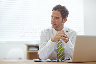 Buy stock photo Thinking, laptop and business man in office for reflection, memory and email on company policy. Research, brainstorming and mindset with male employee in agency for solution, project and proposal