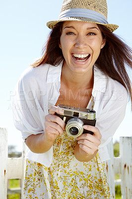 Buy stock photo Laughing photographer, portrait or happy woman and digital camera on holiday or summer vacation in Italy. Smile, face or travel vlogger with vintage photography for tourist influencer in nature