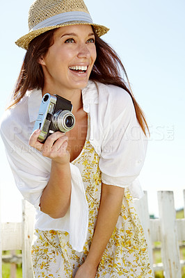 Buy stock photo Laughing photographer, camera or travel blogger in holiday location, summer vacation or Germany sightseeing break. Smile, happy woman or vlogger with photography equipment for tourist nature review