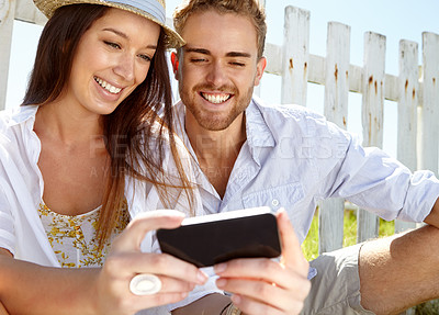 Buy stock photo Happy couple, bonding or cellphone selfie in travel location, holiday vacation or destination break. Smile, man or woman on mobile photography technology for social media, profile picture or vlogging