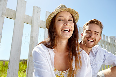 Buy stock photo Portrait, love and date with a couple in the park during summer vacation or holiday together in nature. Spring, garden and relax with a man and woman sitting in a field for dating or bonding
