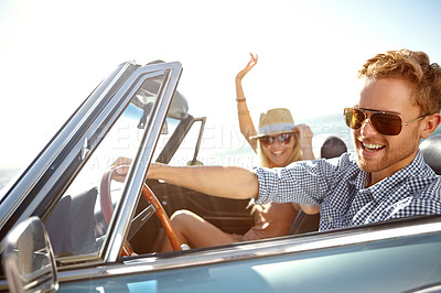 Buy stock photo Car road trip, happy travel and couple on bonding holiday adventure, transportation journey or fun summer vacation. Love flare, convertible automobile and driver driving on Canada countryside tour