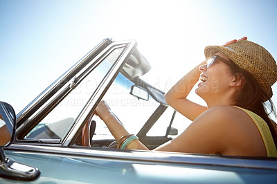 Buy stock photo Woman, road trip and smile for summer journey, freedom or travel vacation in the sunny outdoors. Female smiling and driving in happiness for traveling, holiday or getaway with sunglasses and hat
