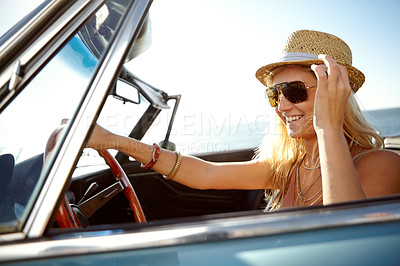 Buy stock photo Travel, road trip and woman in car in summer for holiday, adventure and freedom on vacation by ocean. Travelling lifestyle, happiness and girl driving in motor vehicle for relaxing, break and journey