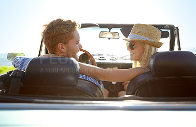Buy stock photo Car road trip, travel and back of couple on bonding holiday adventure, transportation journey or fun summer vacation. Love flare, convertible vehicle and happy driver driving in countryside