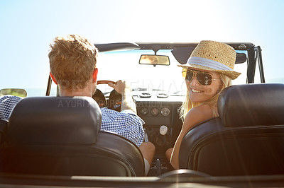 Buy stock photo Car travel, road trip and back portrait of couple on bonding holiday adventure, transportation journey or fun summer vacation. Love flare, convertible vehicle or driver driving in Ukraine countryside
