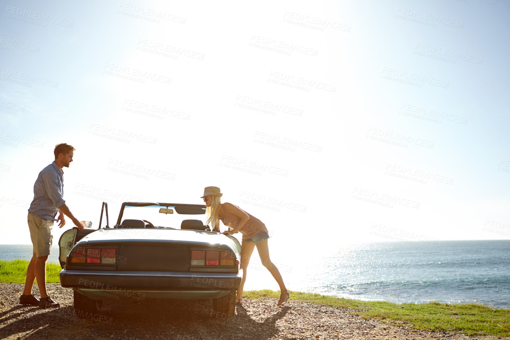 Buy stock photo Car road trip, travel and couple on ocean sea adventure, holiday transport journey or summer vacation bond. Love flare mockup, convertible vehicle and driver driving in fun Canada countryside mock up