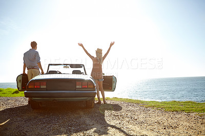 Buy stock photo Car travel, road trip and couple back on sea ocean adventure, holiday celebration journey or summer vacation bond. Love flare mockup, driver transport vehicle or freedom people driving in countryside