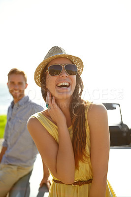 Buy stock photo Travel couple, road trip car park and happy woman on holiday adventure, transportation journey or fun summer vacation. Freedom peace, laughing driver and driving girl relax in Portugal countryside