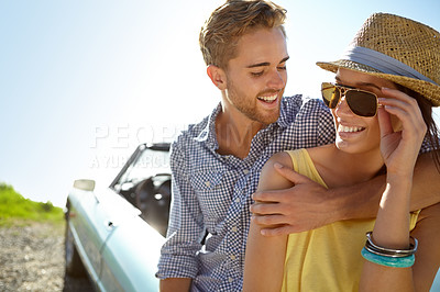 Buy stock photo Road trip travel, car park and couple hug on holiday bonding adventure, driver transportation journey or summer love vacation. Freedom peace, blue sky and driving people relax in Ukraine countryside