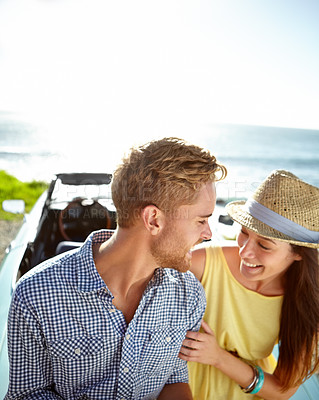 Buy stock photo Road trip car park, beach and travel couple on holiday love adventure, transportation journey or fun summer vacation. Ocean sea mockup, relax driver or driving people bonding in Australia countryside