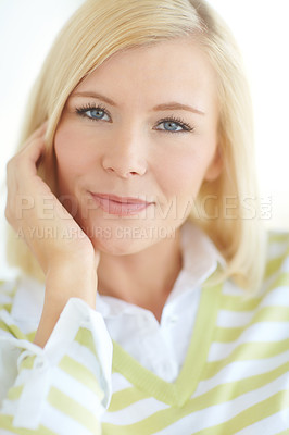 Buy stock photo Shot of a beautiful blonde woman relaxing at home
