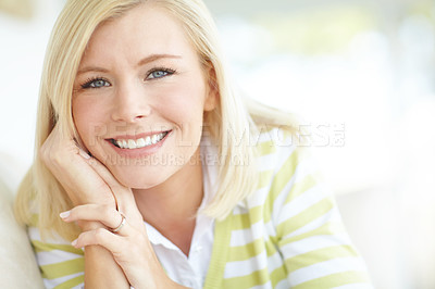 Buy stock photo Break, happy and portrait of woman on sofa in living room of home for weekend free time or wellness. Face, lying on couch and smile with confident person at apartment to relax or rest in morning