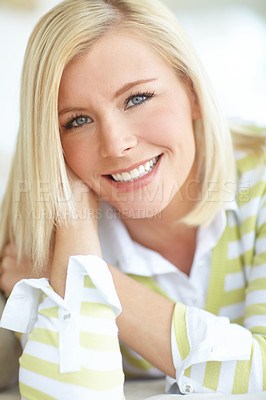 Buy stock photo Lying, portrait and smile of woman on sofa in living room of home for weekend free time or wellness. Break on couch, face and happy with confident person at apartment to relax or rest in morning