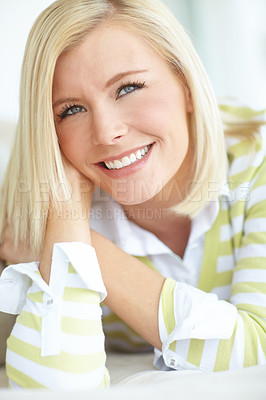 Buy stock photo Break, smile and thinking with woman on sofa in living room of home for weekend or oral wellness. Dental, idea and vision with person lying on couch at apartment for relax or planning in morning