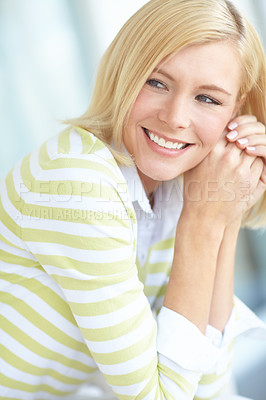 Buy stock photo Woman, thinking and home for future choice, smile and dream of opportunity for self growth in lounge. Female person, relax and couch for happy reflection on decision, remember memory and perspective