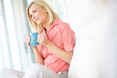 Buy stock photo Woman, thinking and home for coffee plan, smile and dream of opportunity for self growth in lounge. Female person, espresso and couch for happy reflection on decision, remember memory and perspective