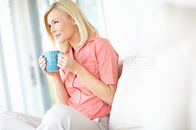 Buy stock photo Woman, thinking and home for tea plan, smile and dream of opportunity for self growth in lounge. Female person, coffee and couch for happy reflection on decision, remember memory and perspective