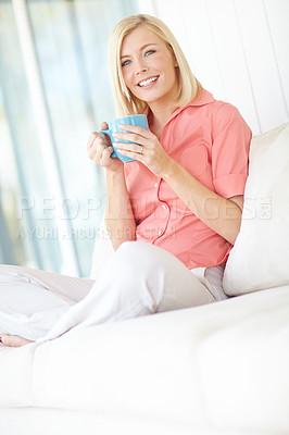 Buy stock photo Home, coffee and happy woman in portrait for relax, rest and comfortable with espresso on weekend. House, sofa and female person with tea cup for beverage, drink and peaceful with positive attitude