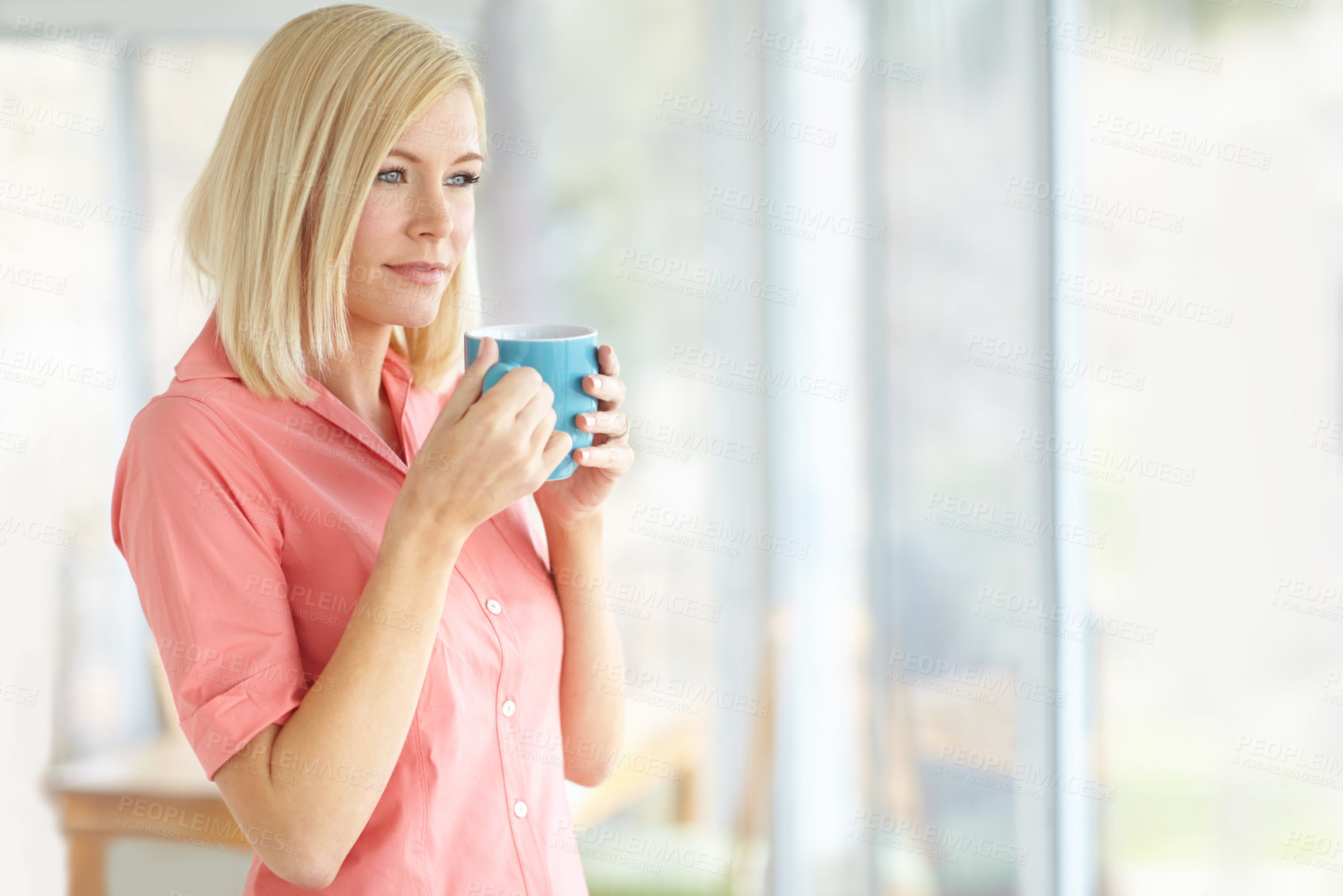 Buy stock photo Woman, thinking and home for coffee dream, smile and ponder opportunity for self growth in lounge. Female person, relax and cup of espresso for reflection on decision, remember memory and perspective