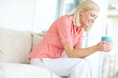 Buy stock photo Woman, thinking and home for cozy coffee, smile and dream of opportunity for self growth in lounge. Female person, matcha and couch for happy reflection on decision, remember memory and perspective