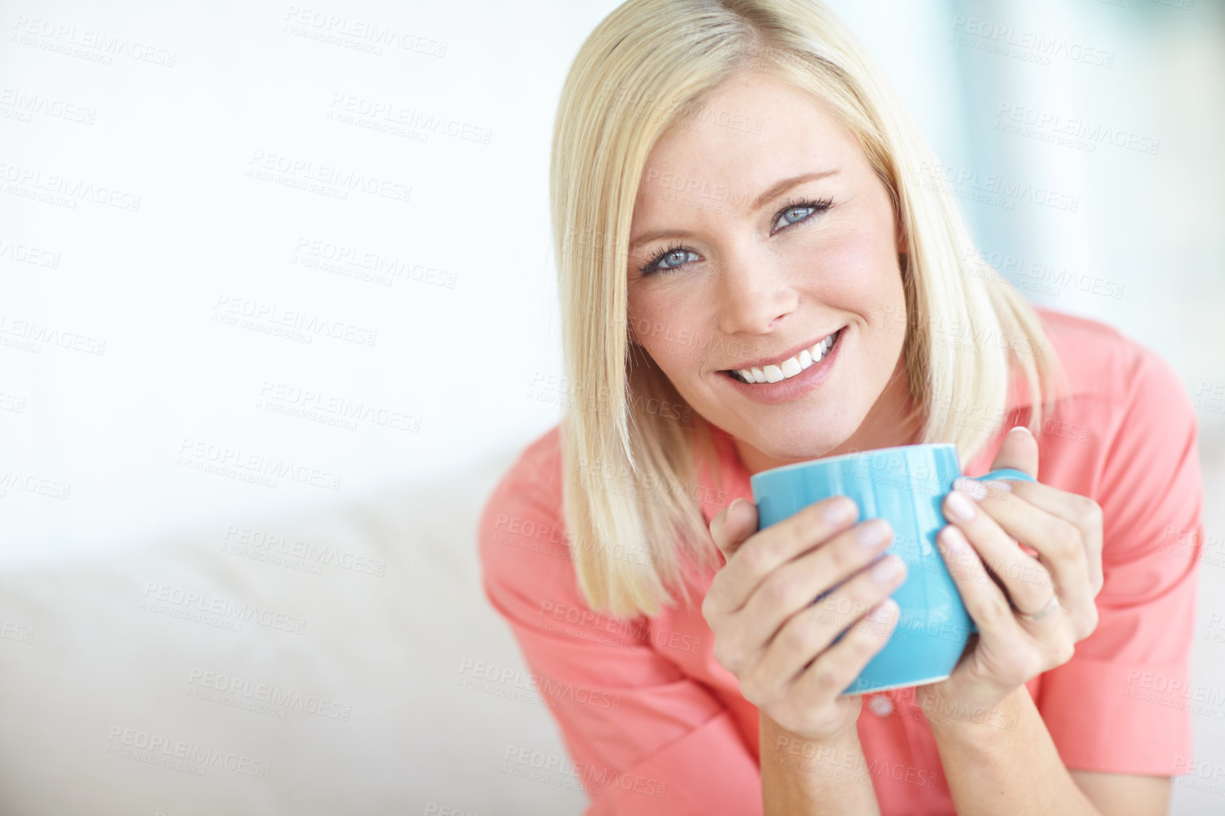 Buy stock photo Home, portrait and woman with coffee for drinking, rest and comfortable with espresso on weekend. House, sofa and female person with tea cup for beverage, relax and peaceful with cappuccino in lounge