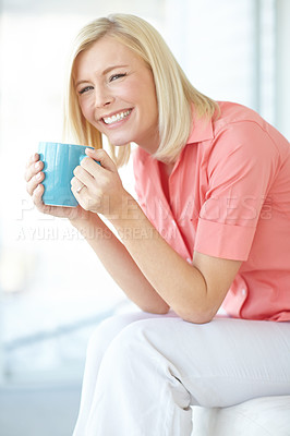 Buy stock photo Couch, portrait and woman with coffee for drinking, rest and comfortable with espresso on weekend. Home, sofa and happy person with tea cup for beverage, relax and peaceful with cappuccino in lounge