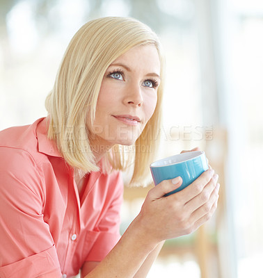 Buy stock photo Woman, thinking and home for latte peace, hope and dream of inspiration for self growth in lounge. Female person, coffee and couch for calm reflection on choice, remember memory and perspective