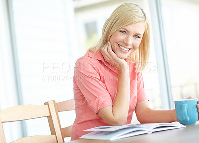 Buy stock photo Portrait, creative and woman with coffee, home and magazine for real estate, property and morning. Business, designer and person with tea, renovation and interior design in house, industry and USA