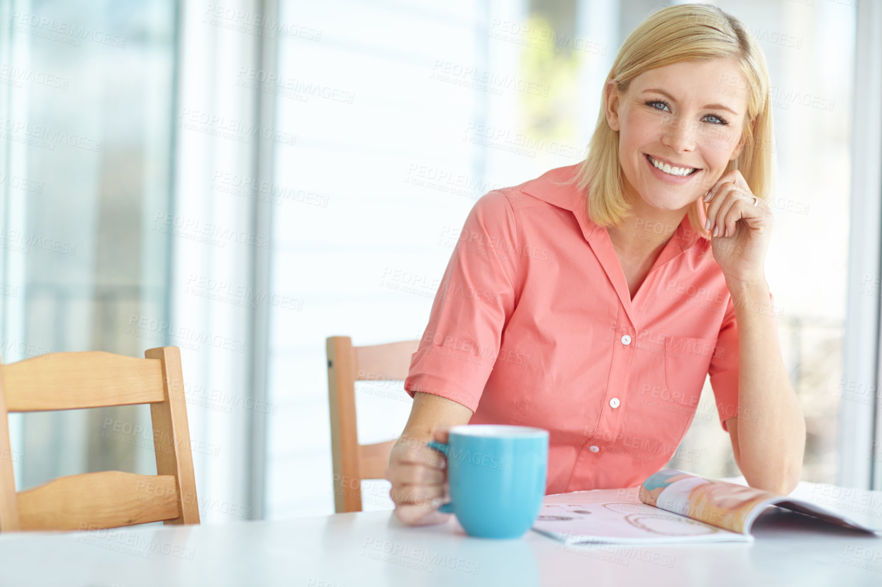 Buy stock photo Portrait, creative and woman with coffee, morning and magazine for real estate, property and home. Business, designer and person with tea, renovation and interior design in house, industry and USA